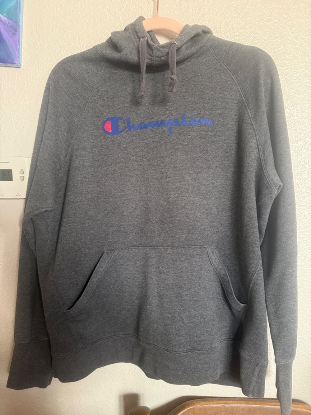 Champion Gray Hoodie with Blue Logo and Red Accent